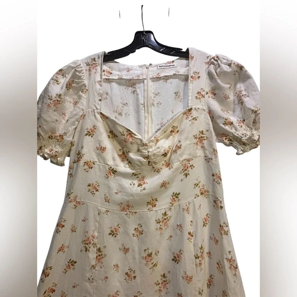 REFORMATION White Ditsy Floral Heirloom  Linen Puff Sleeve Maxi Dress Sz 12 L - Picture 3 of 6